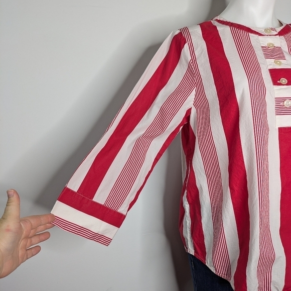 J Crew red white striped cotton 1/3 button up shirt M - Picture 4 of 8